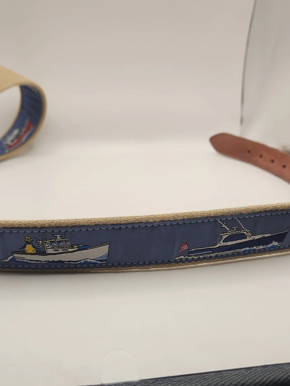 The Belted Cow Company Leather & Blue Belt with Boats Brass Buckle Size 36